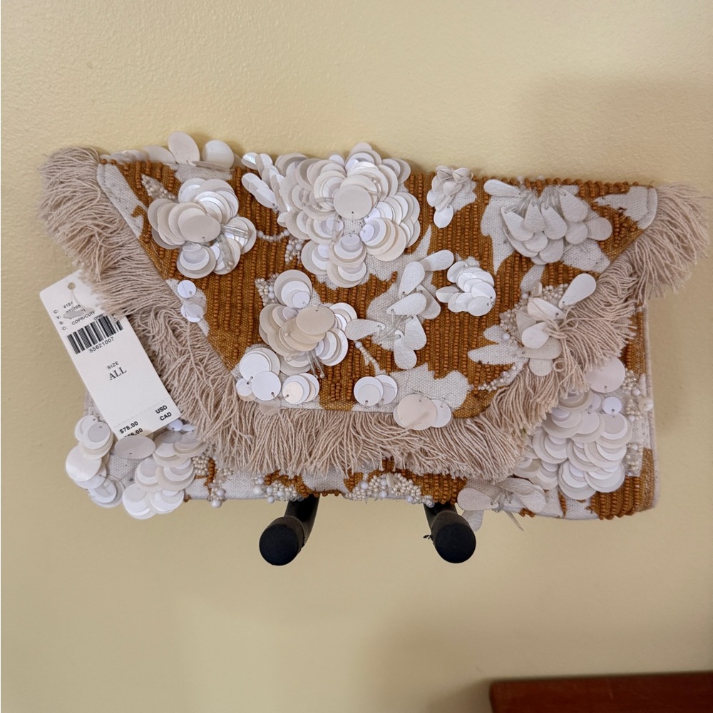 Anthropologie Fringed & Beaded Clutch Purse NWT